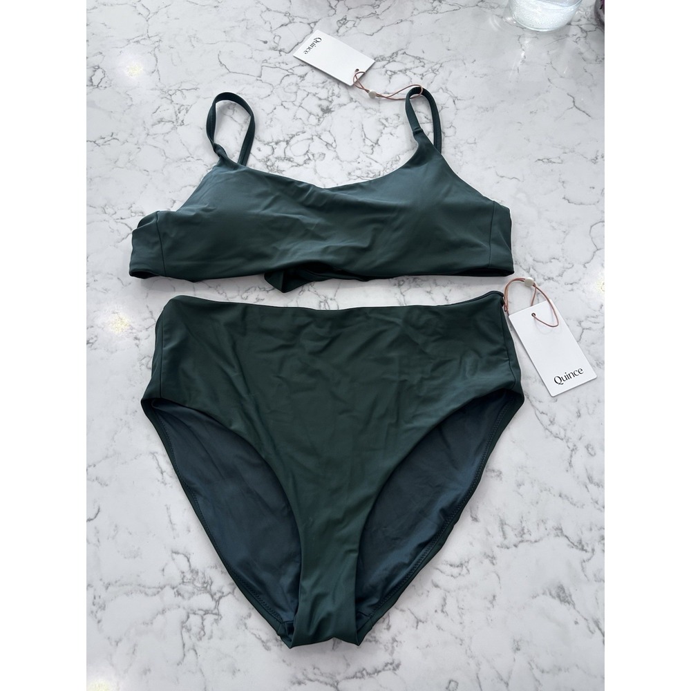 NWT Quince Palm Green Italian Scoop Neck Bikini Top & High Rise Bottom Set Large